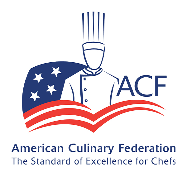 American Culinary Federation (ACF) logo featuring a chef figure, a blue-and-red shield with stars, and an open-book motif. The text reads “American Culinary Federation” and “The Standard of Excellence for Chefs.”